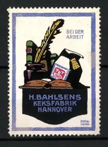 Künstler-Reklamemarke Lucian Bernhard, Hannover, H. Bahlsens Keksfabrik, Schreibutensilien und Kekse