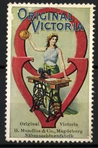 Reklamemarke Magdeburg, Original Victoria Nähmaschine, H. Mundlos & Co., Siegesgöttin Viktoria