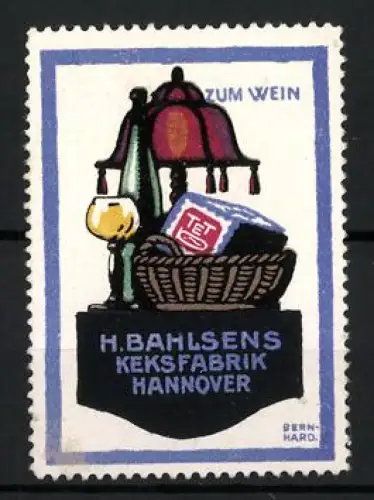 Künstler-Reklamemarke Lucian Bernhard, Hannover, H. Bahlsens Keksfabrik, Wein und Kekse im Korb