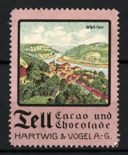Reklamemarke Dresden, Tell Cacao und Chocolade Hartwig & Vogel AG, Wehlen mit Flusslandschaft