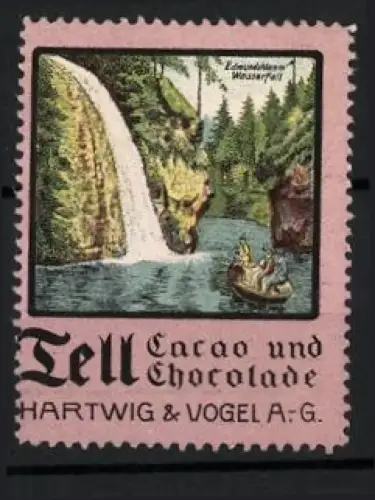 Reklamemarke Dresden, Tell Cacao und Chocolade Hartwig & Vogel AG, Wasserfall-Szene Edmundsklamm