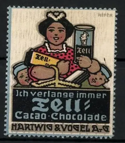 Künstler-Reklamemarke Paul Höfer, Dresden, Tell Cacao und Chocolade Hartwig & Vogel AG, Frau mit Cacao-Packung