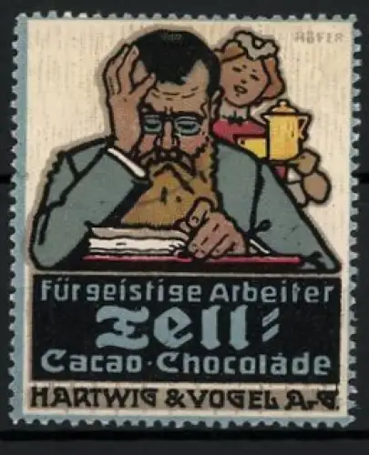 Künstler-Reklamemarke Paul Höfer, Dresden, Tell Cacao und Chocolade Hartwig & Vogel AG, Mann mit Buch und Kind mit Tasse