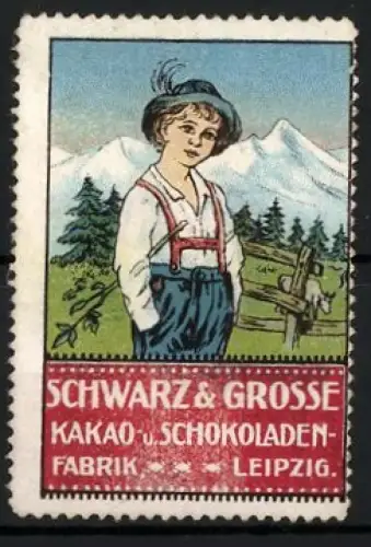 Reklamemarke Leipzig, Schwarz & Grosse Kakao- u. Schokoladenfabrik, Junge vor Alpenkulisse