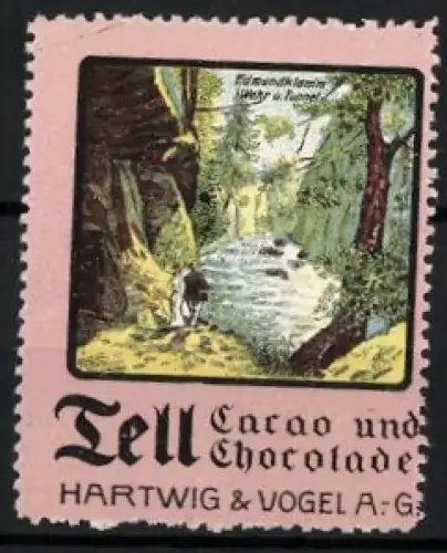 Reklamemarke Dresden, Tell Cacao und Chocolade Hartwig & Vogel AG, Edmundsklamm Wehr & Tunnel