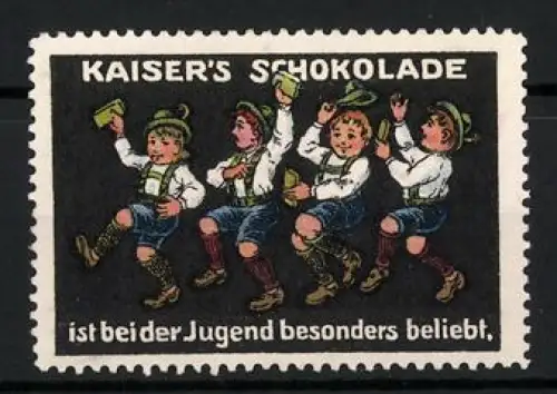 Reklamemarke KAISER`S SCHOKOLADE, Tanzende Jungen in Tracht