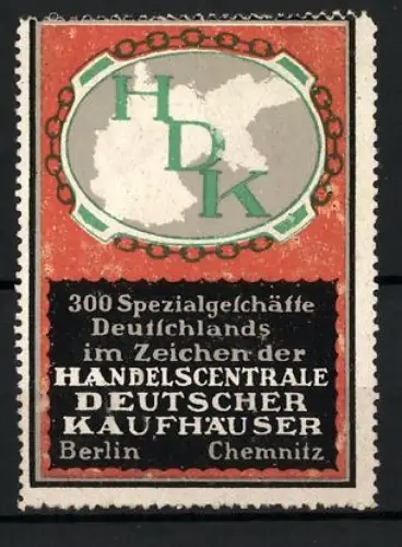 Reklamemarke Berlin & Chemnitz, Handelscentrale Deutscher Kaufhäuser, Deutschlandkarte