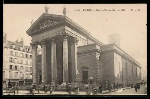 AK Paris, Notre-Dame de Lorette avec des passants sur le trottoir