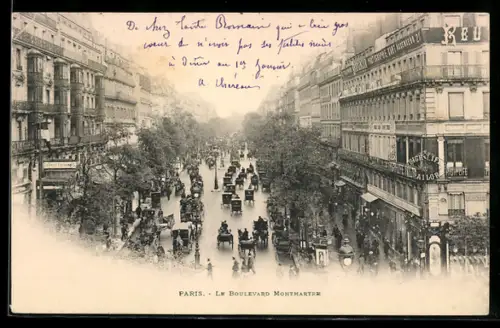 AK Paris, Le Boulevard Montmartre avec calèches et voitures en mouvement
