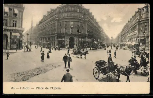 AK Paris, Place de l`Opéra avec calèches et passants animés