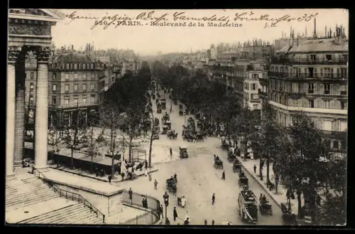 AK Paris, Boulevard de la Madeleine avec calèches et passants animés