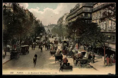 AK Paris, Le Boulevard Montmartre avec calèches et passants animés