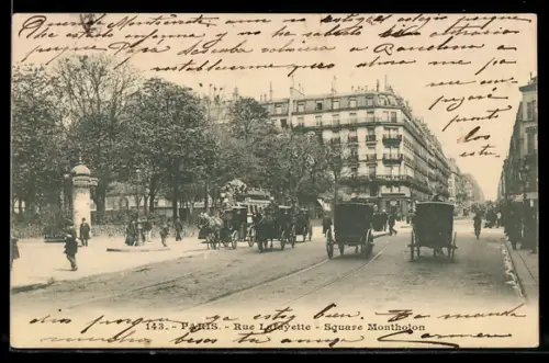 AK Paris, Rue Lafayette, Square Montholon, scène animée avec voitures et calèches