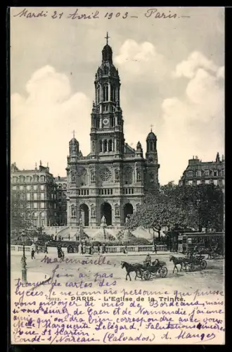 AK Paris, L`église de la Trinité et la place animée avec calèches