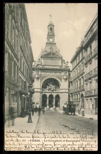 AK Paris, Le Comptoir d`Escompte et rue animée avec voitures et passants