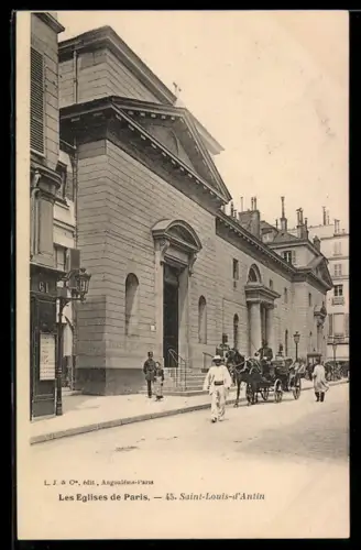 AK Paris, Église Saint-Louis-d`Antin avec calèche sur la rue animée
