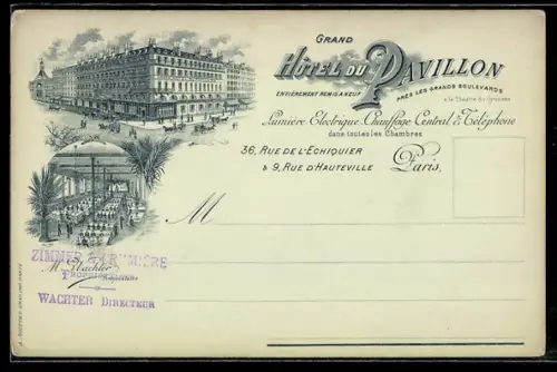 Lithographie Paris, Hôtel du Pavillon, 36, Rue de l`Echiquier & 9, Rue d`Hauteville