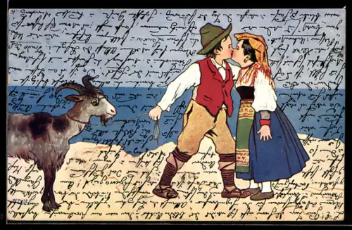 Künstler-AK Junge mit Ziege küsst Mädchen, beide in Tracht