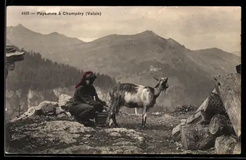 AK Champéry, Bäuerin beim Ziegenmelken