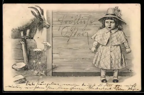 AK Ziegenbock und kleine Dame, Ostergruss