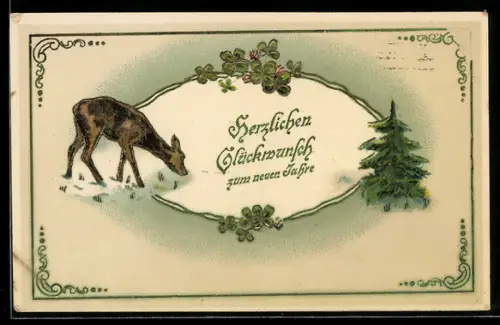 AK Reh auf Futtersuche im Schnee, Kleeblätter, Tanne, Neujahrsgruss