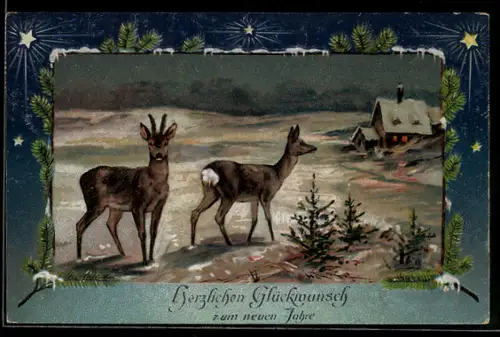 AK Rehe im Schnee vor einem Haus mit beleuchteten Fenstern, Neujahrsgruss