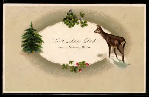AK Reh, Tanne, Glücksklee, Schnee, Neujahrsgruss