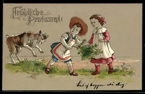 AK Junger Ziegenbock und zwei kleine Mädchen, Pfingstgruss
