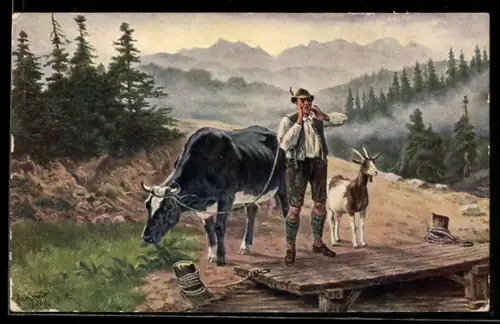 AK Rufender Bauer mit Kuh und Ziege an einem Fähranleger im Gebirge