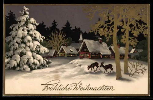 AK Weihnachtsgruss, Rehpärchen vor einer Siedlung bei Schnee
