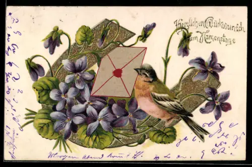 Präge-AK Vogel mit Brief, Hufeisen, Veilchen, Namenstagsgruss