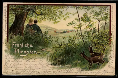 AK Paar im Wald zu Pfingsten, Rehe