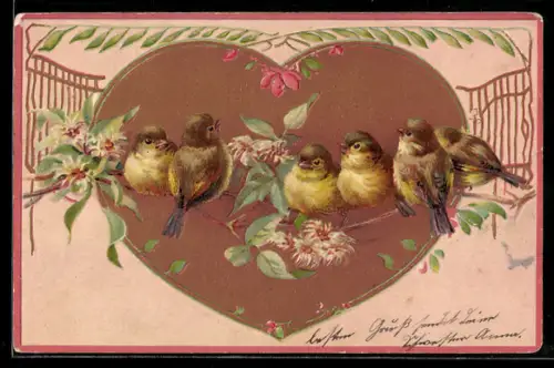 Präge-AK Vögel auf einem blühenden Zweig, Herz, Blätter