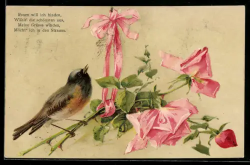 AK Singvogel und Edelrosen mit Schleife