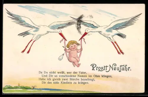 AK Zwei Storche tragen ein Baby durch die Lüfte