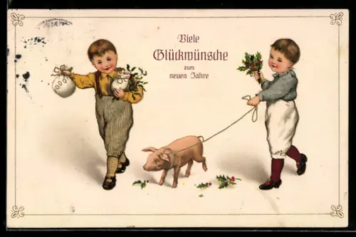 AK Zwei Knaben mit Geldsäcken u. Glücksschwein, Neujahrsgruss