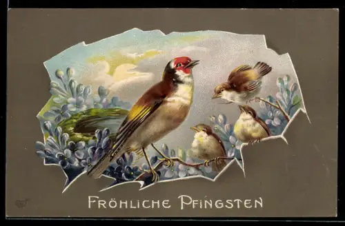 Präge-AK Vogelschar und Blüten, Pfingstgruss