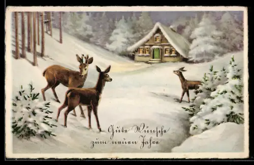 AK Rehe im Schnee vor einem Haus, Neujahrsgruss