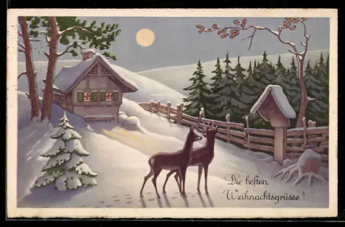 AK Rehe vor einem Haus im Schnee, Tannen, fahle Sonne, Weihnachtsgruss