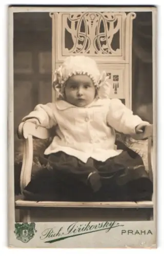Fotografie Richard Jirikovský, Praha, Porträt eines Kleinkinds auf einem dekorativen Stuhl