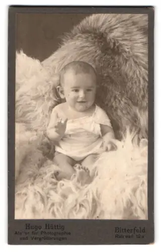 Fotografie Hugo Hüttig, Bitterfeld, Rattwall 12a, Kleinkind auf weichem Fell