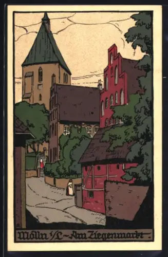 Steindruck-AK Mölln i. L., Am Ziegenmarkt, mit Kirche