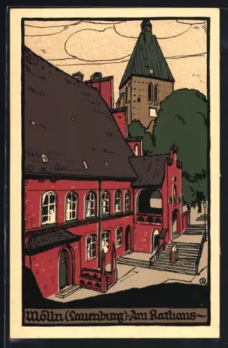 Steindruck-AK Mölln /Lauenburg, Am Rathaus, Blick zur Kirche