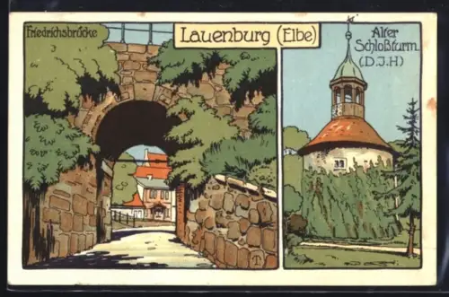 Steindruck-AK Lauenburg / Elbe, Partie an der Friedrichsbrücke, Blick zum alten Schlossturm