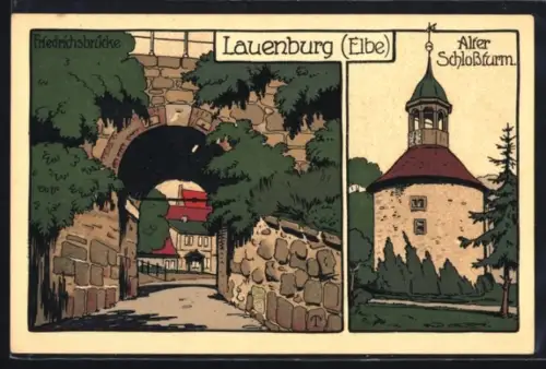 Steindruck-AK Lauenburg /Elbe, Friedrichsbrücke, Alter Schlossturm