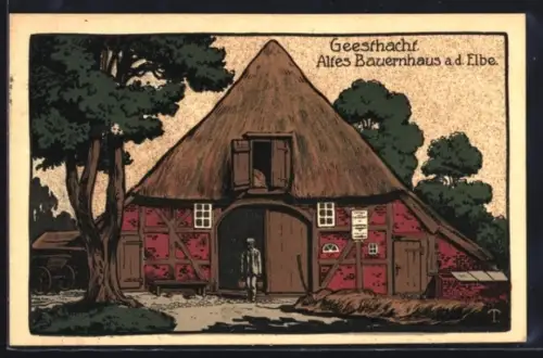 Steindruck-AK Geesthacht, Altes Bauernhaus a. d. Elbe