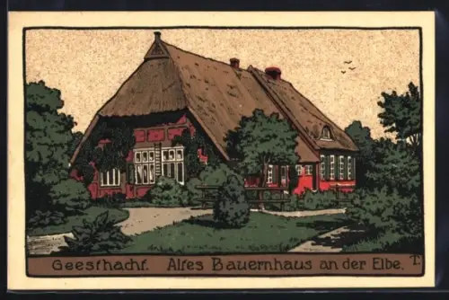Steindruck-AK Geesthacht, Altes Bauernhaus an der Elbe