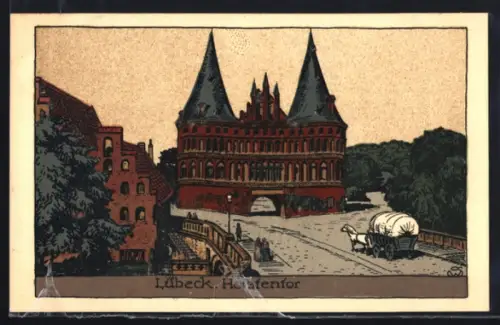 Steindruck-AK Lübeck, Strassenpartie am Holstentor