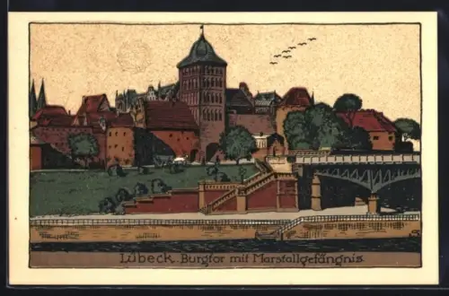 Steindruck-AK Lübeck, Burgtor mit Marstall