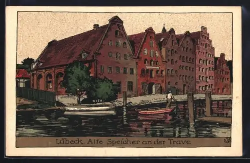 Steindruck-AK Lübeck, alte Speicher an der Trave